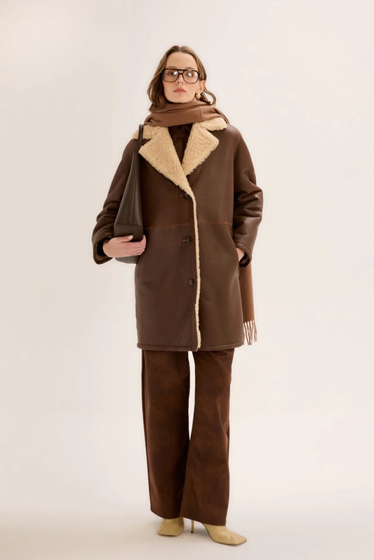Shearling Detaylı Kahve Kısa Deri Kaban Detay - BEJ Fine Factory