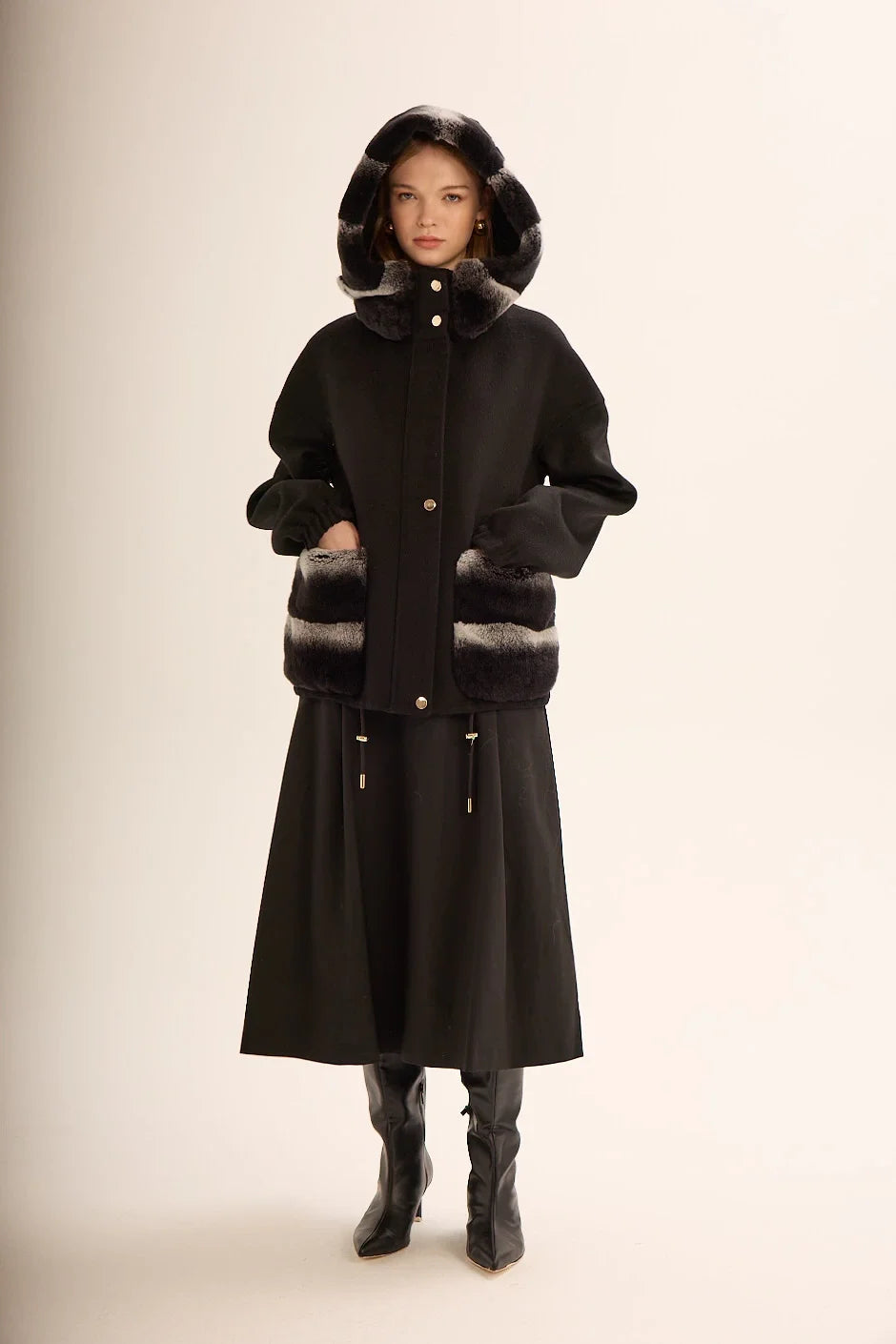 ALPAKA REX KÜRK DETAYLI KABAN SİYAH