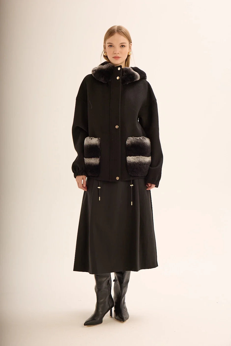 ALPAKA REX KÜRK DETAYLI KABAN SİYAH