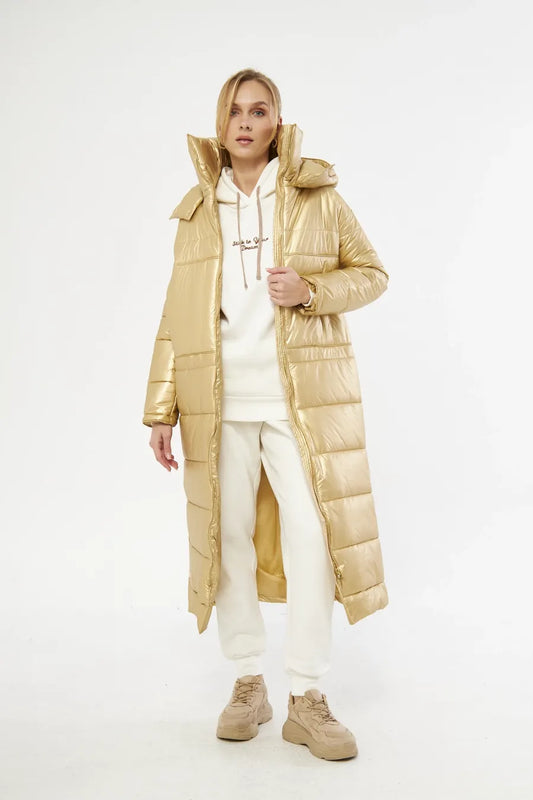 Gold Uzun Puffer Mont Ön Görünüm - BEJ Fine Factory