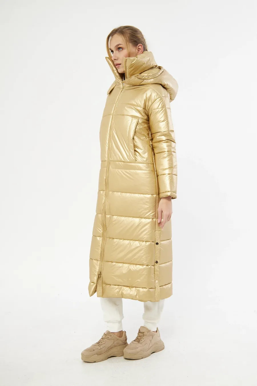 Gold Uzun Puffer Mont Detay - BEJ Fine Factory