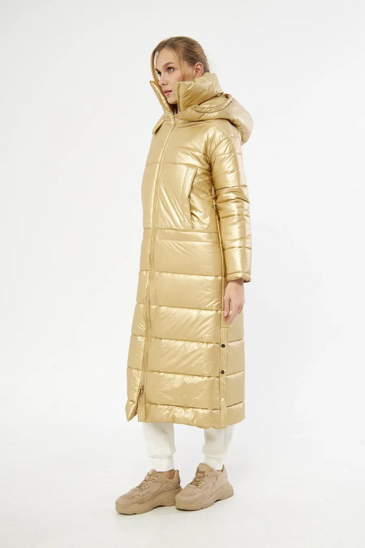 Gold Uzun Puffer Mont Detay - BEJ Fine Factory