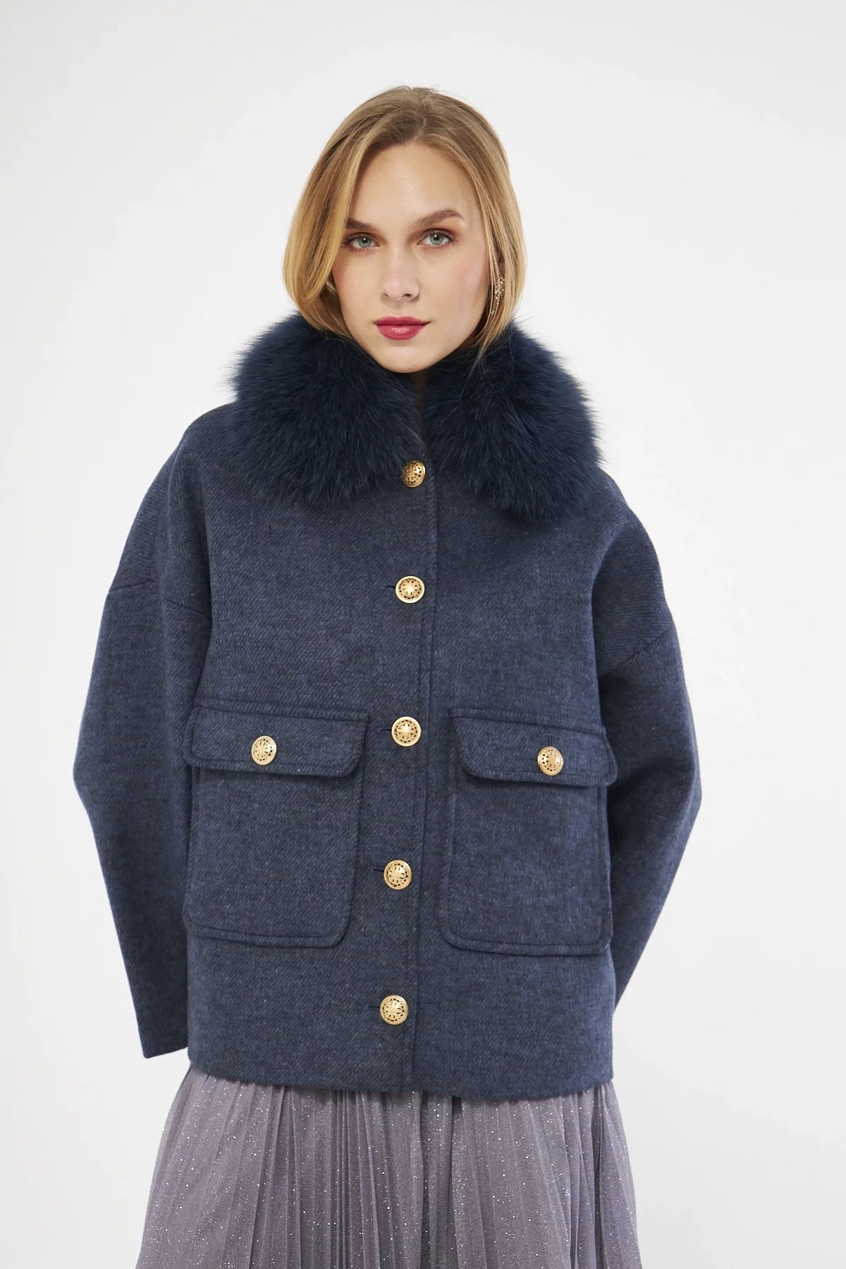 FUR-DETAILED HERRINGBONE PATTERNED NAVY BLUE JACKET