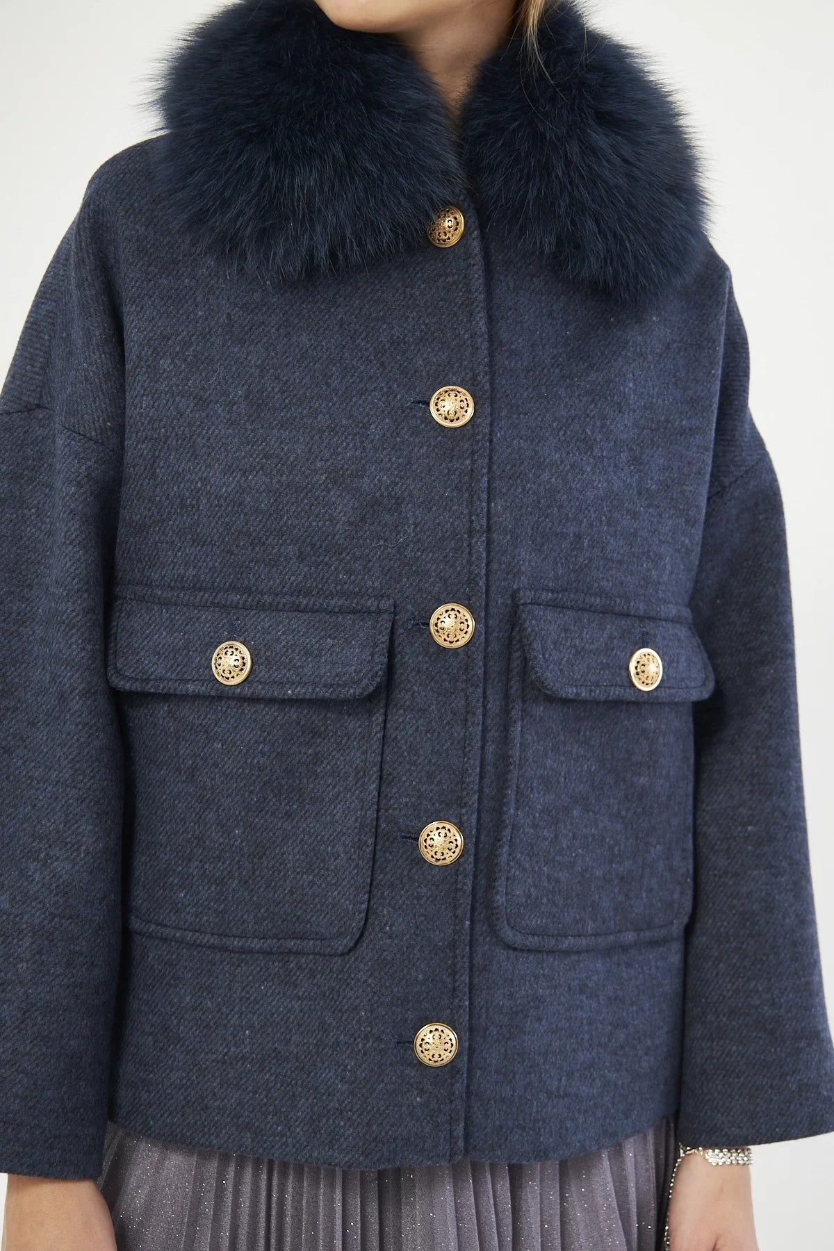 FUR-DETAILED HERRINGBONE PATTERNED NAVY BLUE JACKET