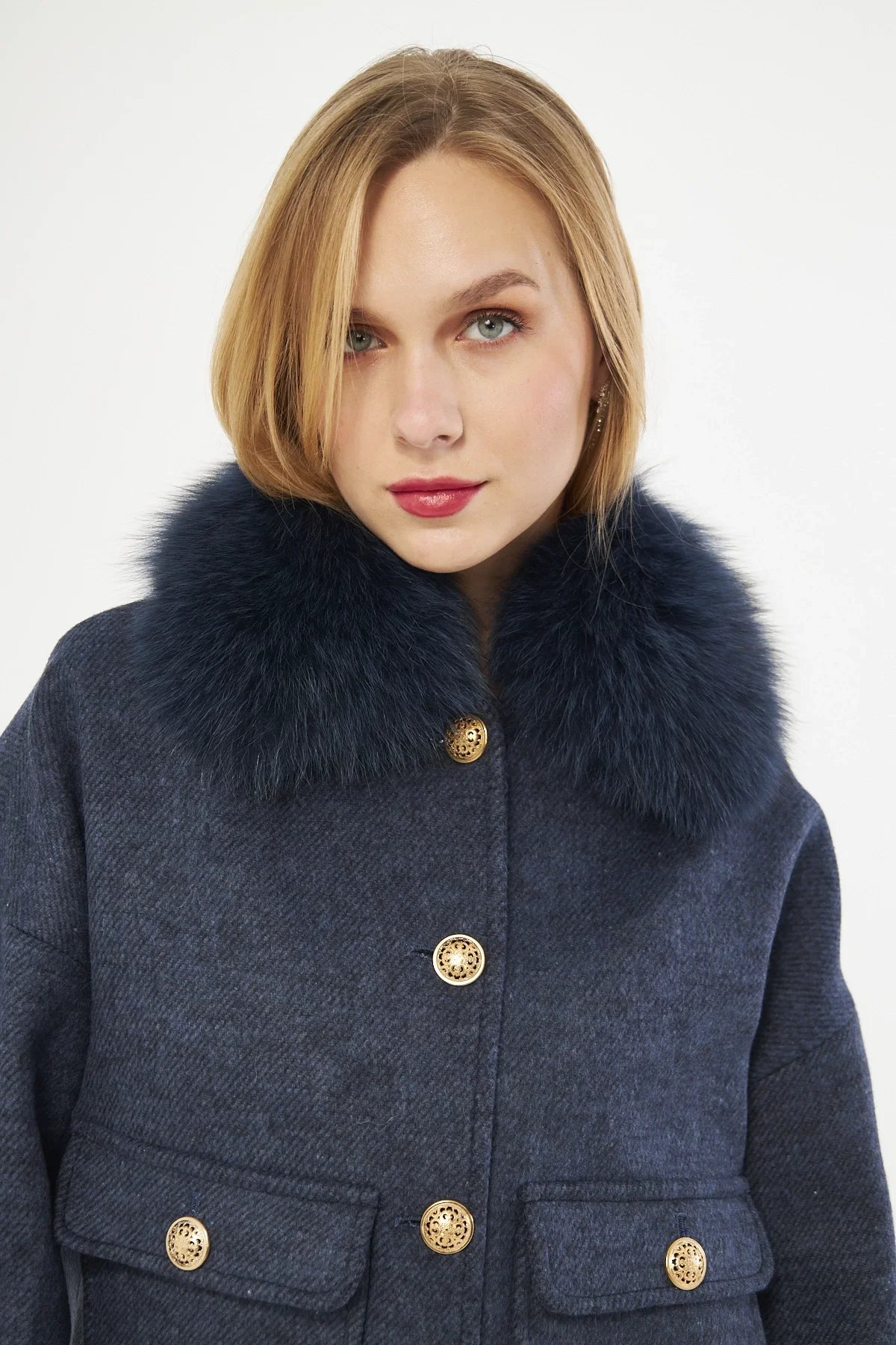 FUR-DETAILED HERRINGBONE PATTERNED NAVY BLUE JACKET