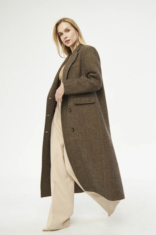 BROWN LONG COAT WITH HERRINGBONE PATTERN