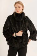 FOX-DETAILED STEPPED SHORT BLACK FUR COAT