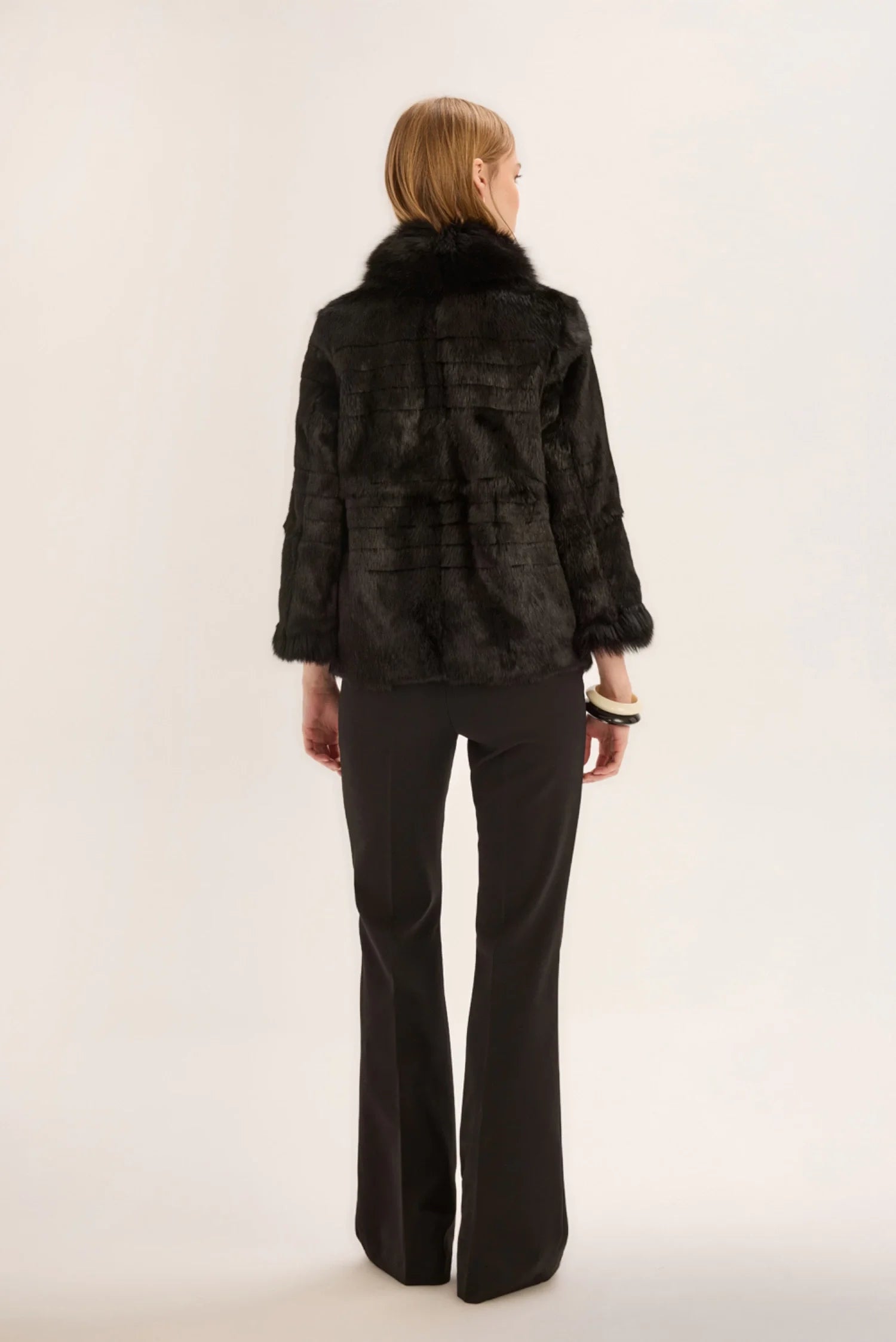 FOX-DETAILED STEPPED SHORT BLACK FUR COAT