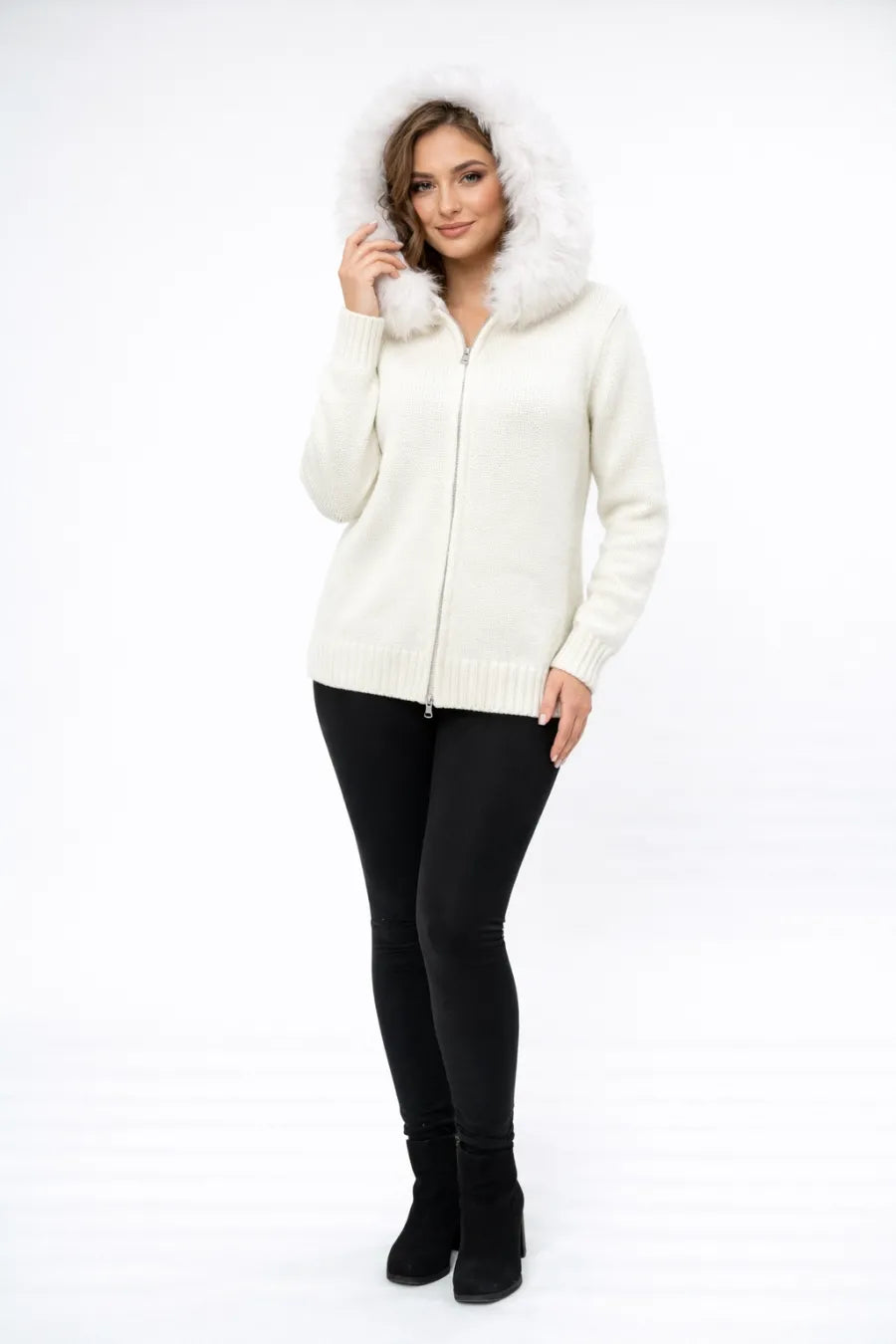 Fox Fur Hooded Zip-Up Knit Sweater