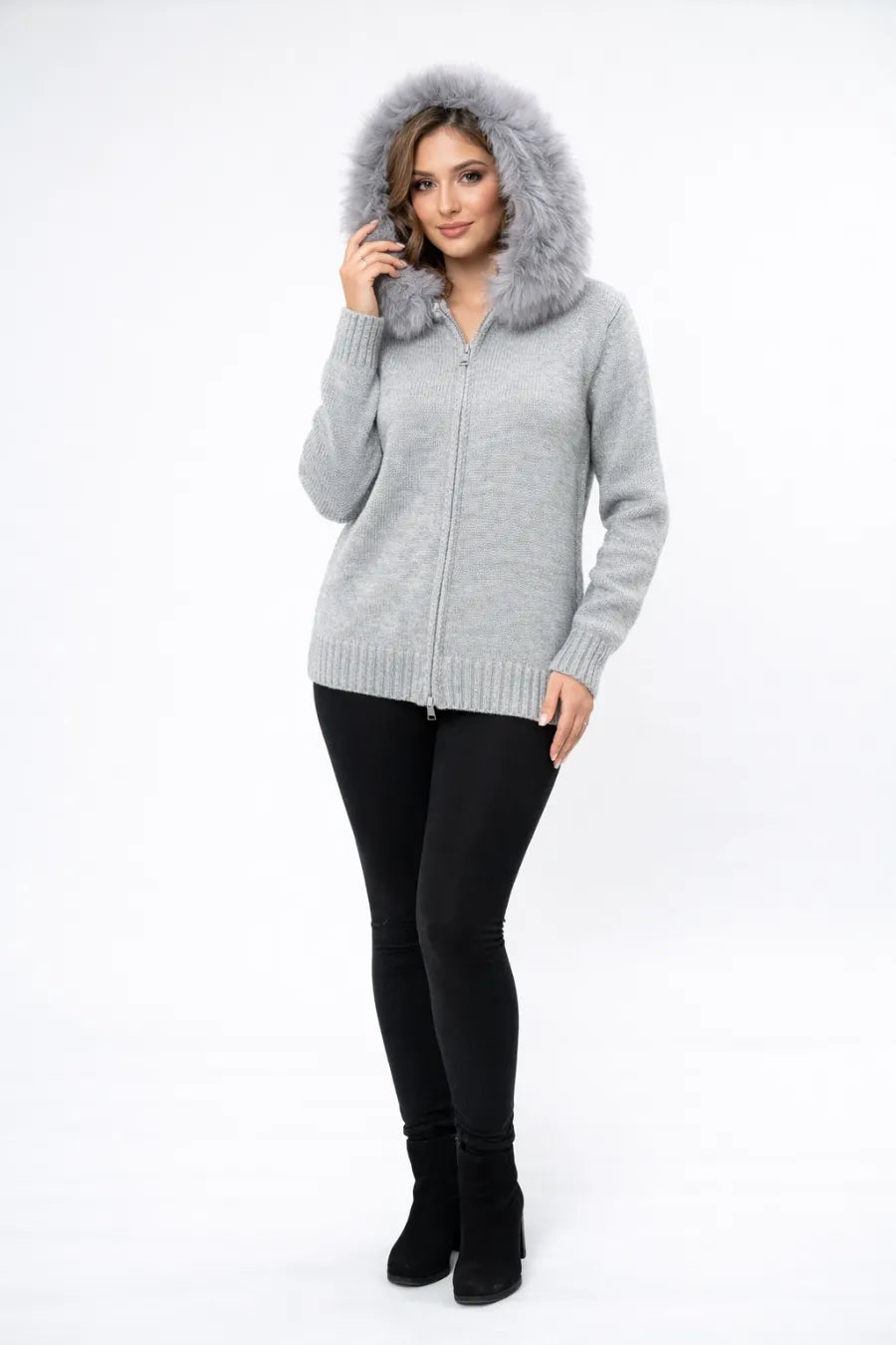 Fox Fur Hooded Zip-Up Knit Sweater