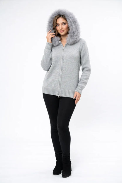 Fox Fur Hooded Zippered Knit
