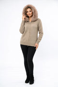Fox Fur Hooded Zip-Up Knit Sweater