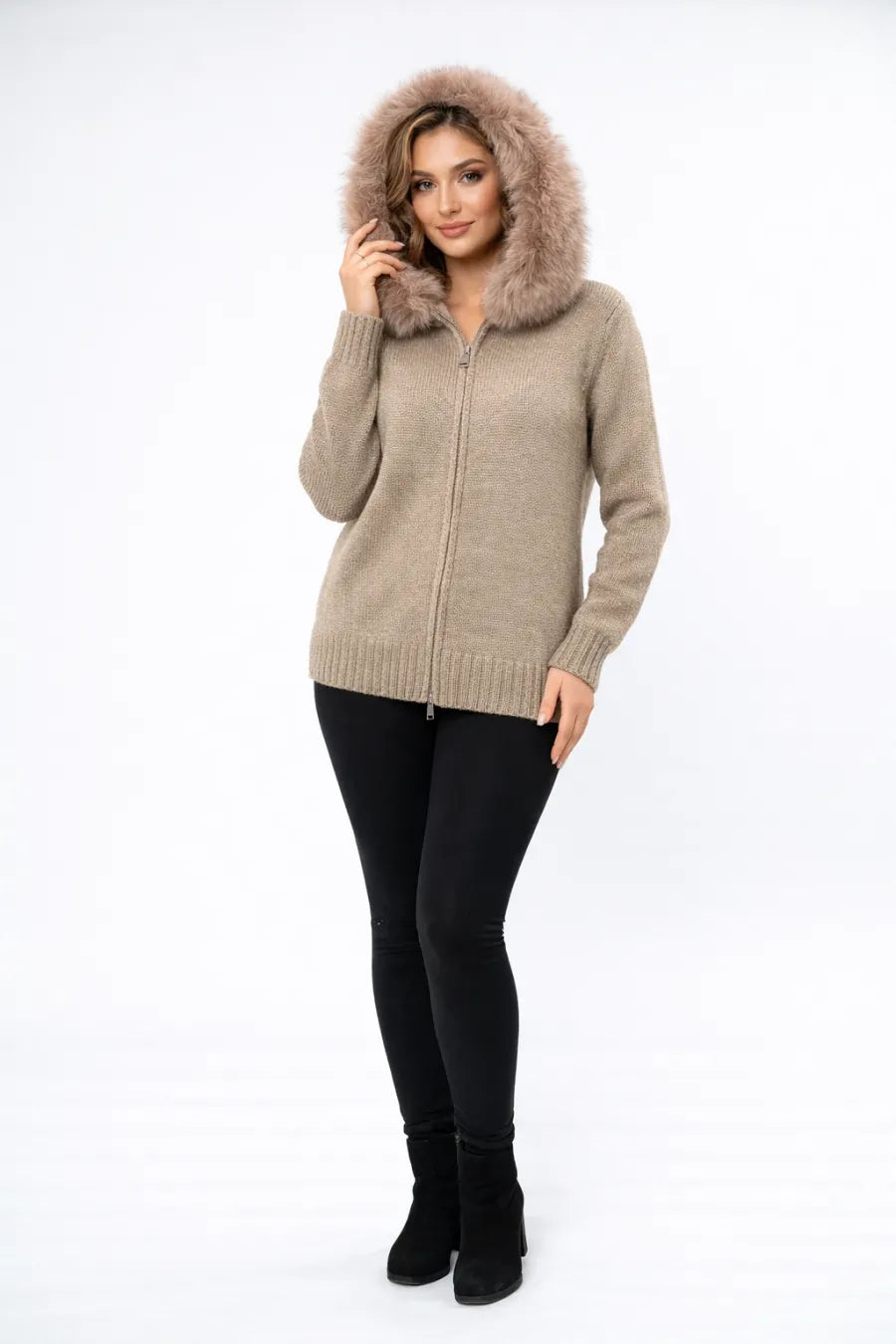 Fox Fur Hooded Zip-Up Knit Sweater