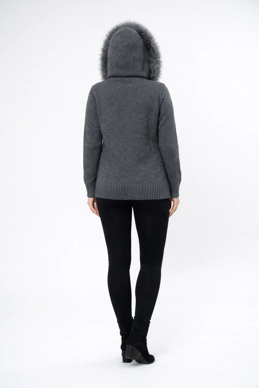 Fox Fur Hooded Zip-Up Knit Sweater