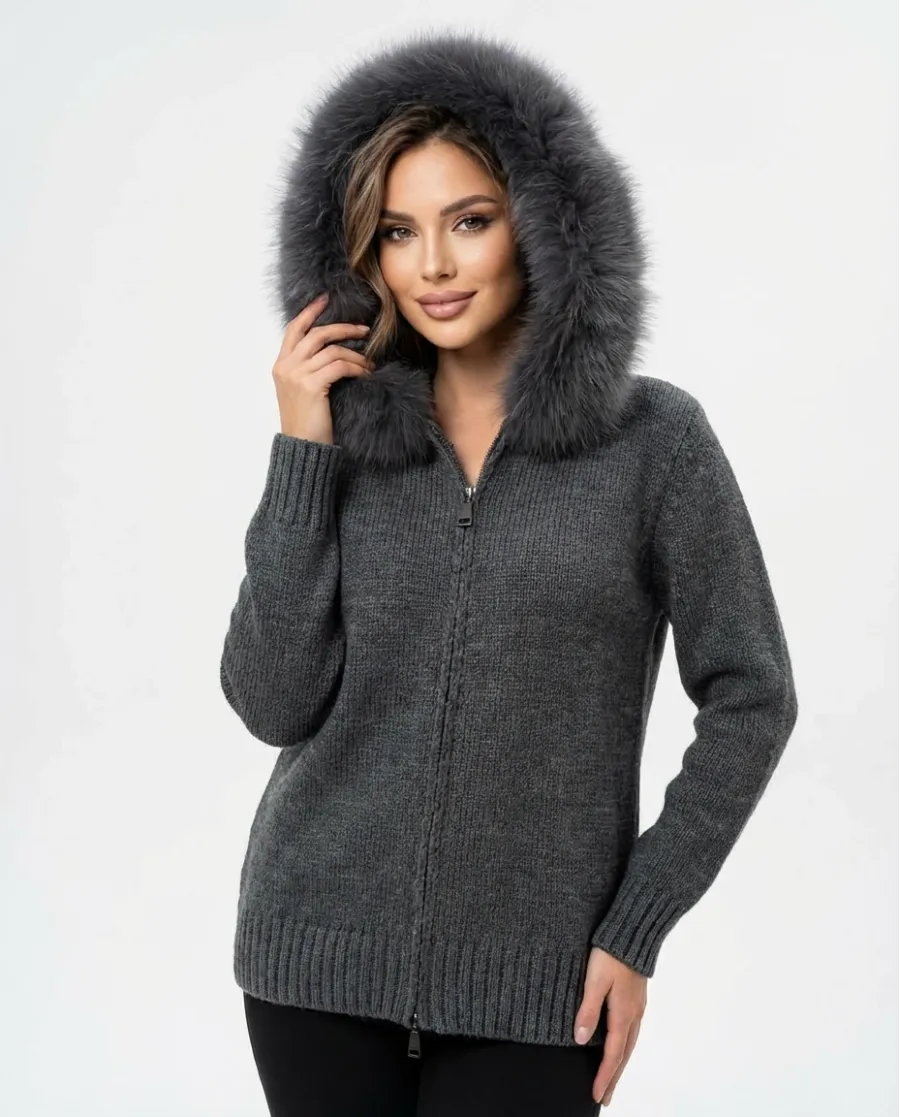 Fox Fur Hooded Zip-Up Knit Sweater