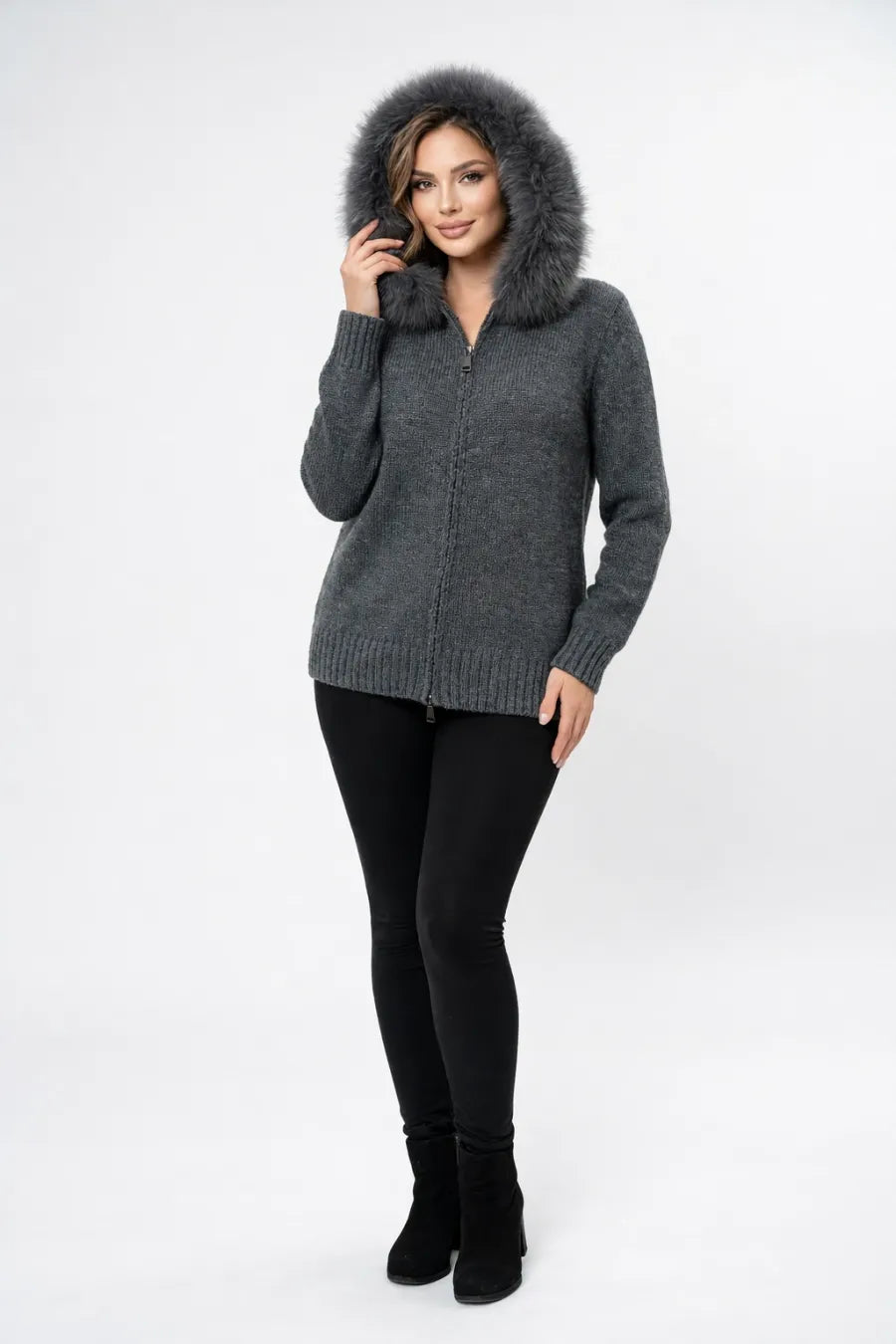 Fox Fur Hooded Zip-Up Knit Sweater