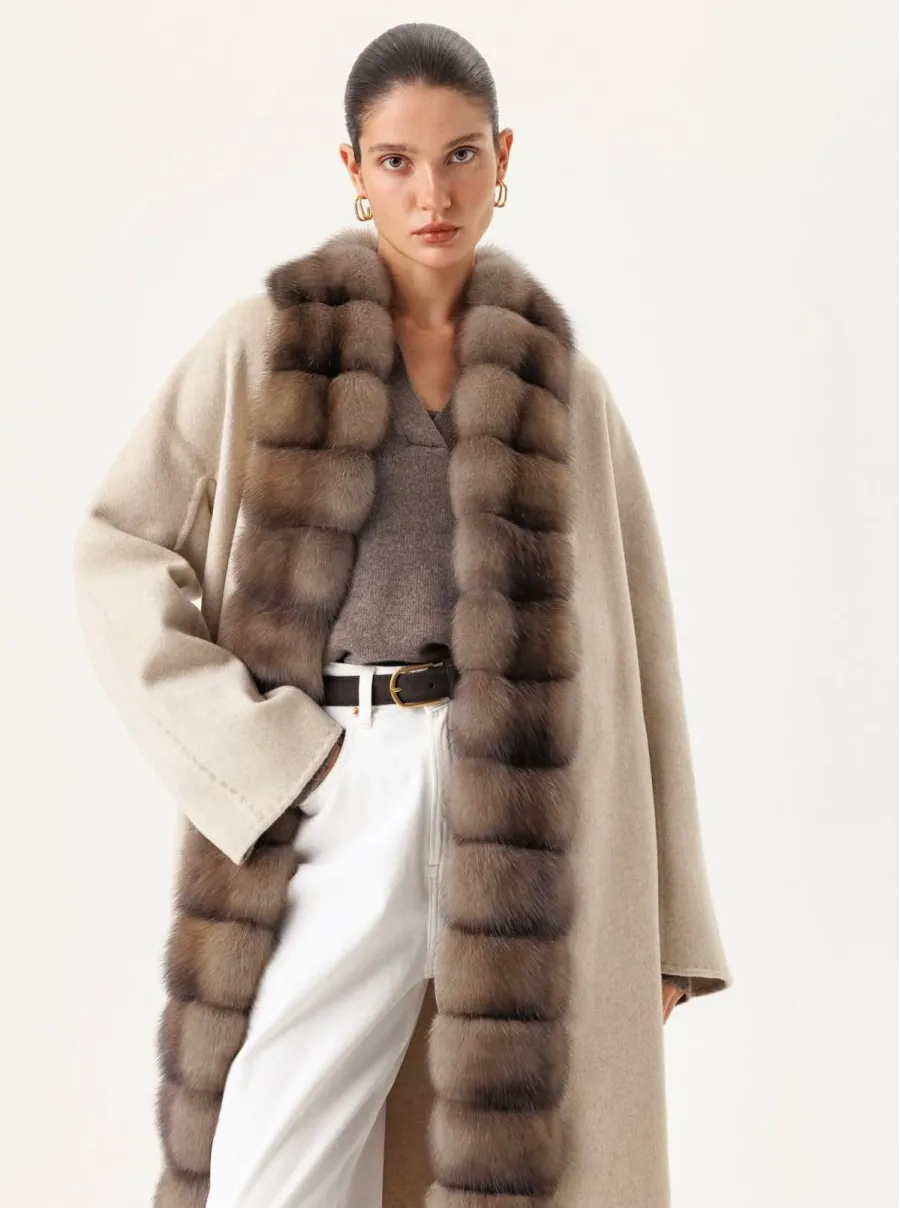 HAND-STITCHED CASHMERE COAT WITH FOX FUR COLLAR BEIGE 
