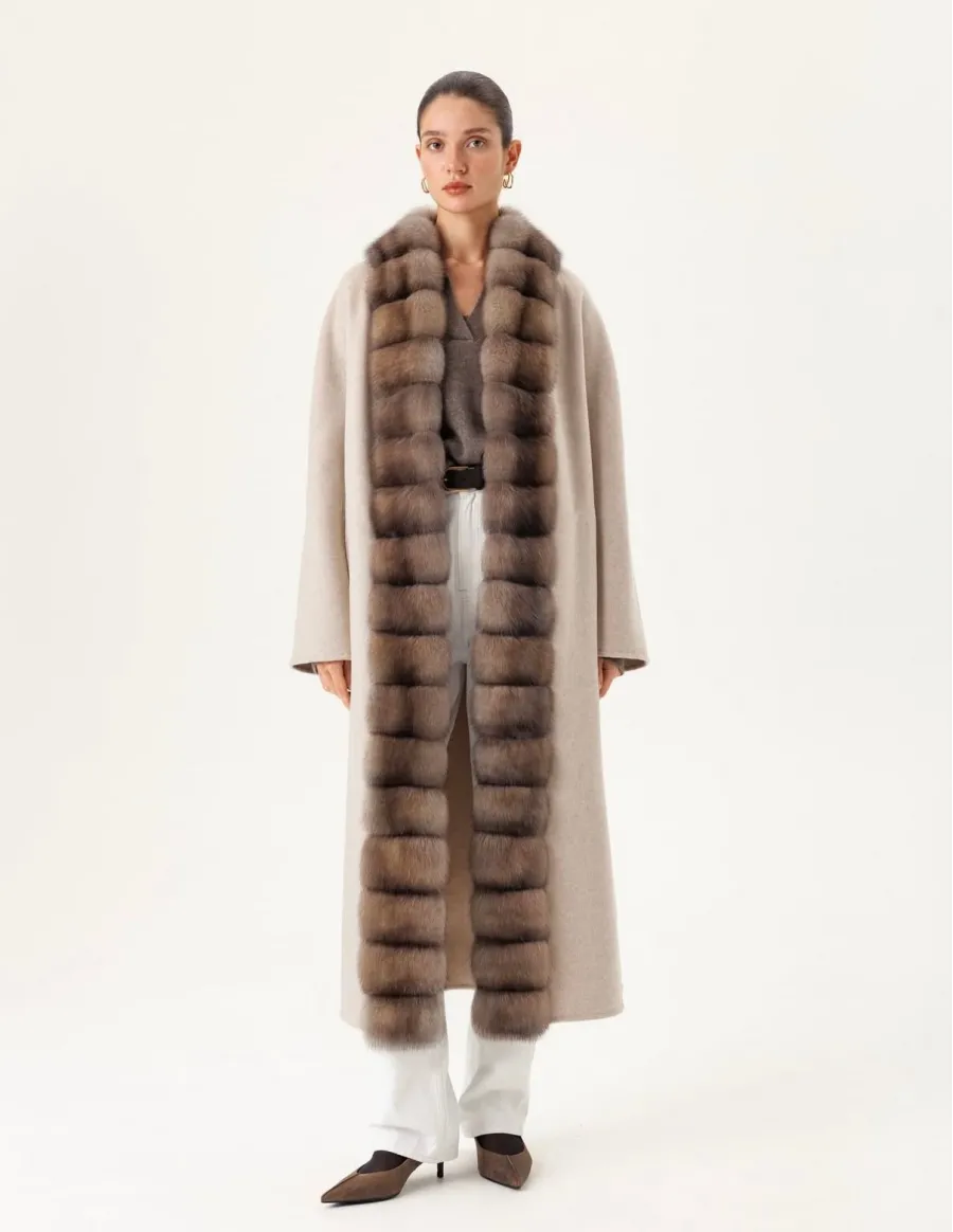 HAND-STITCHED CASHMERE COAT WITH FOX FUR COLLAR BEIGE 